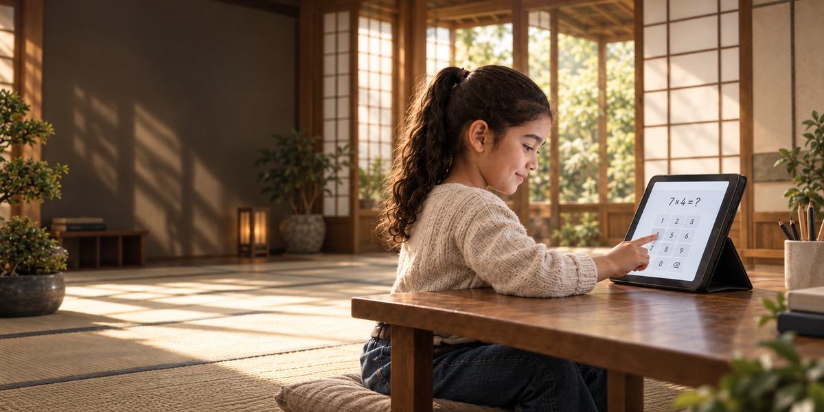 Una niña responde 7 × 4 en una tableta, sentada a una mesa baja de madera.